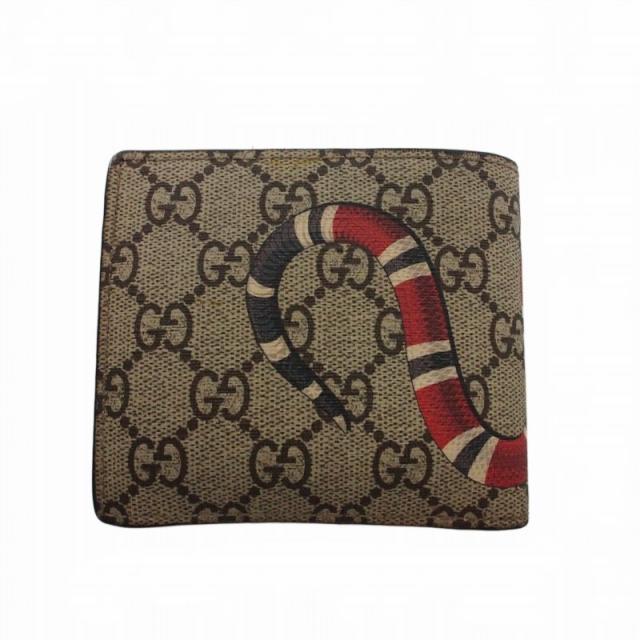 【中古】グッチ GUCCI 総柄 キングスネークプリント GGスプリーム 二つ折り財布 ウォレット ベージュ系 メンズ_1