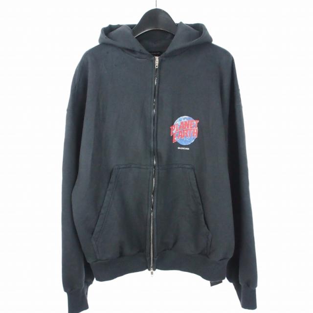 【中古】バレンシアガ BALENCIAGA 24AW PLANET EARTH ダメージプリントジップアップパーカー フーディ XS ブラック