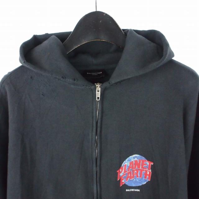 【中古】バレンシアガ BALENCIAGA 24AW PLANET EARTH ダメージプリントジップアップパーカー フーディ XS ブラック_2