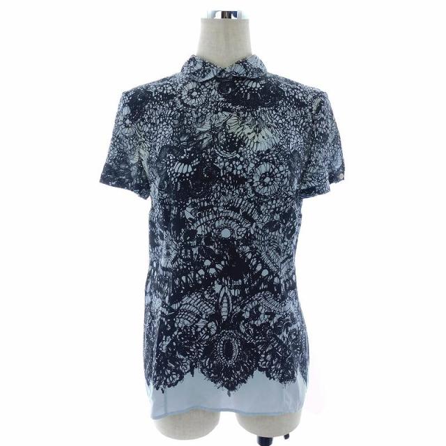 【中古】プラダ PRADA シルクブラウス ステンカラー 半袖 プリント 総柄 黒 青 トップス /TYM レディースの通販は