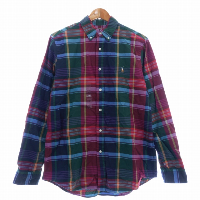 【中古】未使用品 ポロ ラルフローレン CLASSIC FIT チェックシャツ ボタンダウン 長袖 カジュアル ロゴ M 緑 メンズ