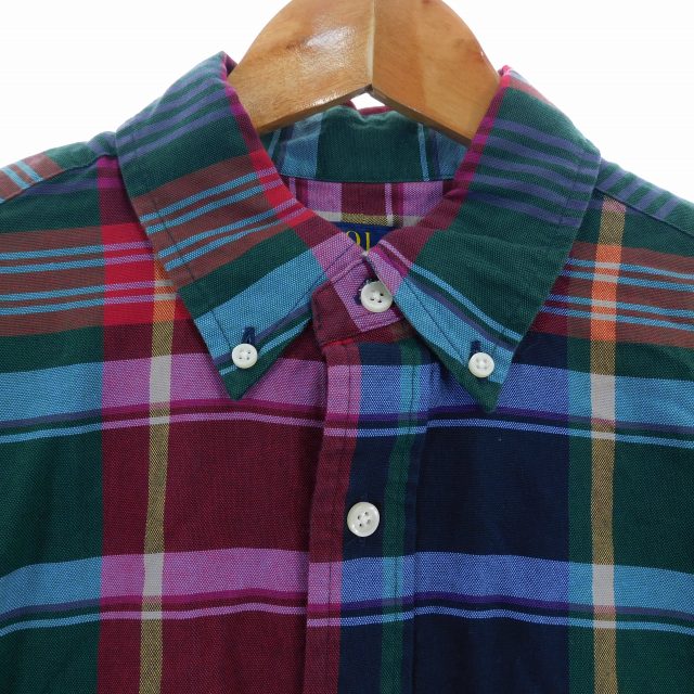 【中古】未使用品 ポロ ラルフローレン CLASSIC FIT チェックシャツ ボタンダウン 長袖 カジュアル ロゴ M 緑 メンズ_4