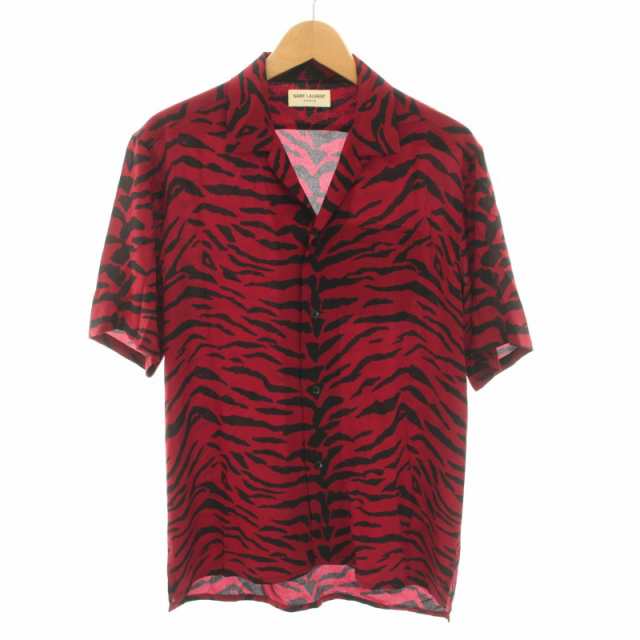 【中古】SAINT LAURENT PARIS 19AW Zebra Silk Vacation Shirt オープンカラー 半袖 ゼブラ柄 絹 37 赤 黒 メンズ