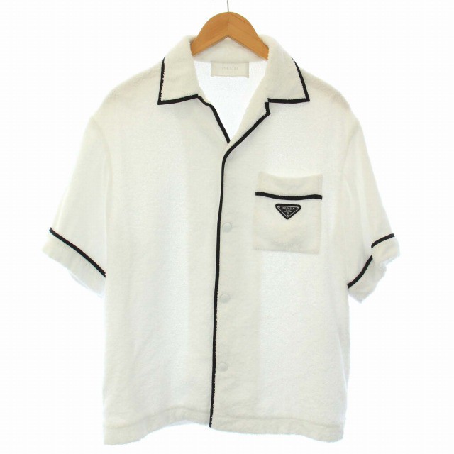 【中古】プラダ PRADA Cotton bowling shirt パイル ボーリングシャツ 半袖 三角ロゴ S 白 ホワイト 黒 メンズ