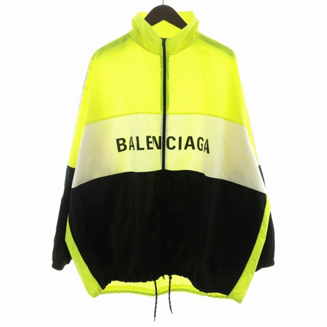 【中古】バレンシアガ BALENCIAGA LOGO PRINTED JACKET トラックジャケット ロゴ ナイロン 38 M 黄緑 白 ホワイト 黒