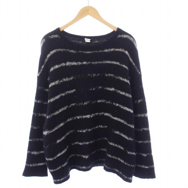 【中古】サンローラン パリ SAINT LAURENT PARIS ニット セーター 長袖 クルーネック ボーダー モヘヤ混 XL ブラック