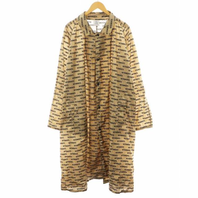 【中古】ヴェトモン VETEMENT 18AW コーテッドシェルレインコート ロング丈 総柄 ロゴ ナイロン 0 ベージュ 黒