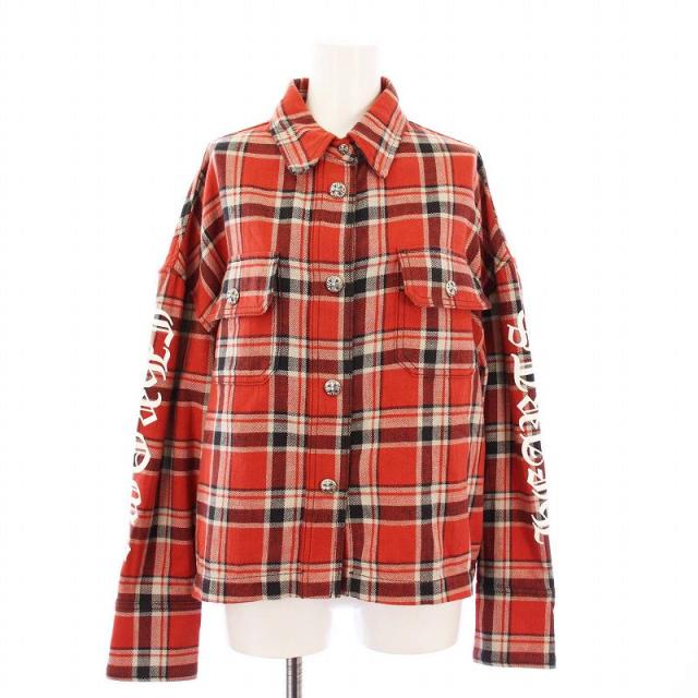【中古】クロムハーツ CHROME HEARTS アームロゴプリントチェックシャツジャケット クロスボタン S 赤 レディース