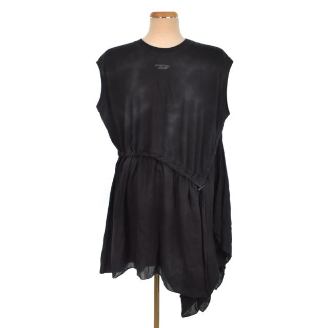【中古】未使用品 ディーゼル DIESEL ドレス パネル カットソー チュニック ノースリーブ ロゴ S 黒 ブラック RQMAZ