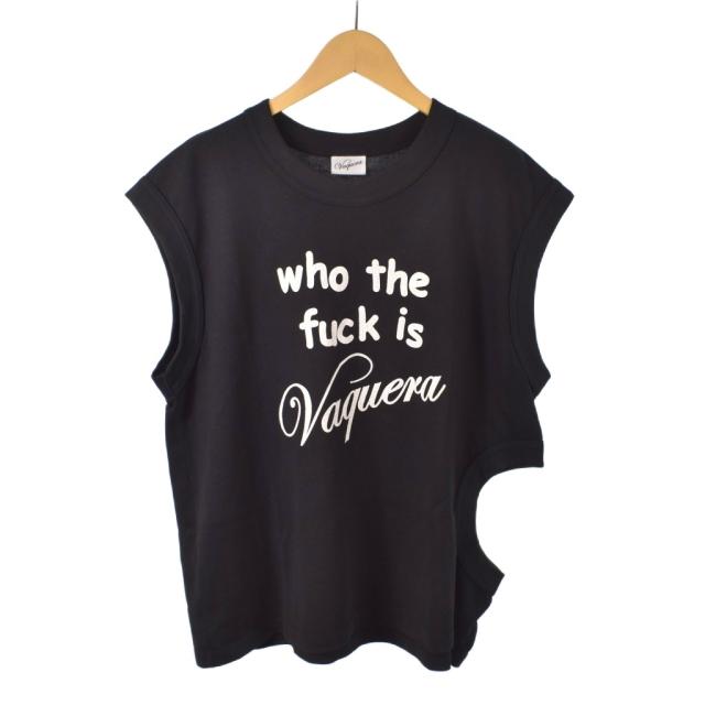 【中古】ヴァケラ VAQUERA WHO TF TWISTED T SHIRT KNIT Tシャツ ノースリーブ プリント XL 黒 ブラック vaq09t027