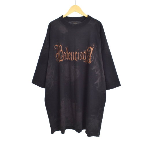 【中古】バレンシアガ 23AW ヘビーメタルロゴ オーバーサイズ Tシャツ 半袖 ダメージ加工 L 黒 ブラック 744439