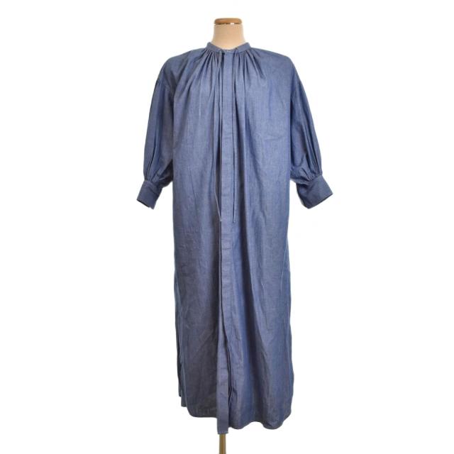【中古】ハイク HYKE 22SS CHAMBRAY GATHERED DRESS シャンブレー ワンピース 長袖 ロング 1 青 ブルー 221-16126 033