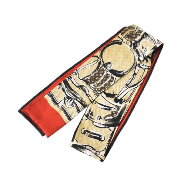 【中古】ルイヴィトン LOUIS VUITTON バンドートランク ナロー スカーフ モノグラム シルク ベージュ レッド M73964