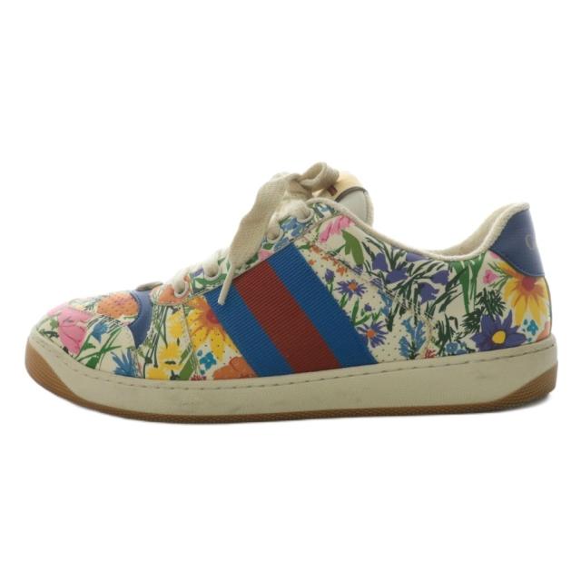 【中古】グッチ × ケンスコット スニーカー シューズ ロゴ 花柄 レザー7.5 マルチカラー ピンク 青 赤