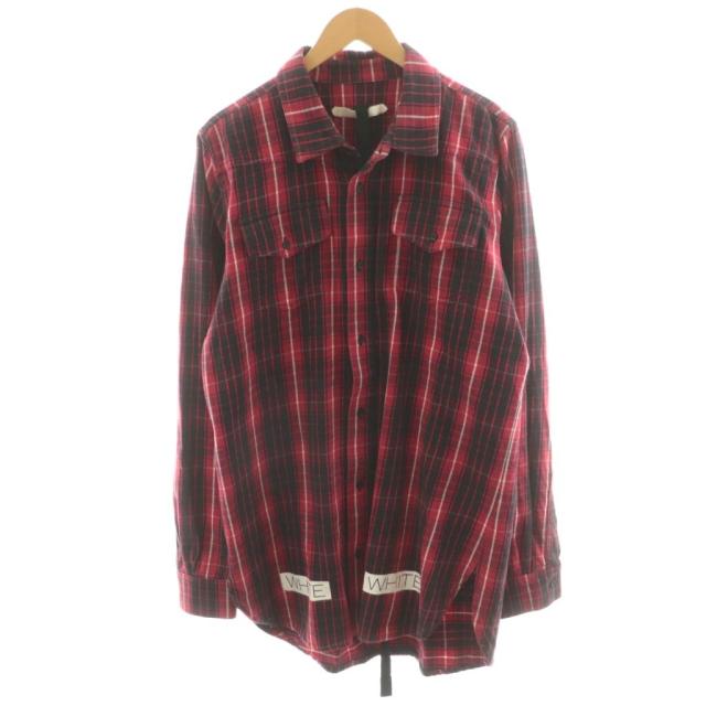 【中古】オフホワイト OFF WHITE シャツ 長袖 チェック柄 バックロゴ プリント M 赤 レッド 黒 ブラック /AN44