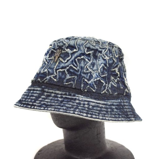 【中古】クロムハーツ デニム パッチワーク バケットハット セメタリークロス キルティング ダガー ウォッシュ加工 L