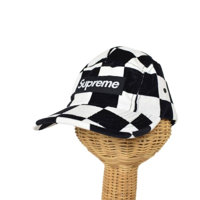 【中古】シュプリーム SUPREME Velvet Camp Cap チェッカーフラッグ キャップ 帽子 白 ホワイト 黒 ブラック ☆AA★