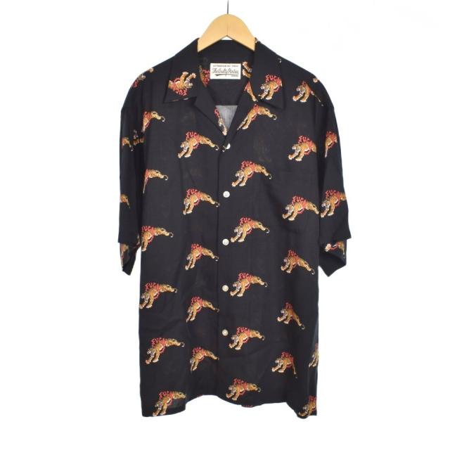 【中古】ワコマリア ティムリーハイ ハワイアンシャツ オープンカラー 半袖 タイガー M 黒 ブラック ☆AA★