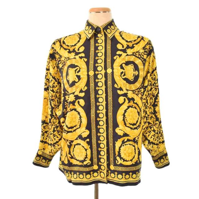 【中古】ジャンニヴェルサーチ ヴェルサーチェ GIANNI VERSACE シャツ ブラウス 長袖 バロッコ柄 総柄 38 紺