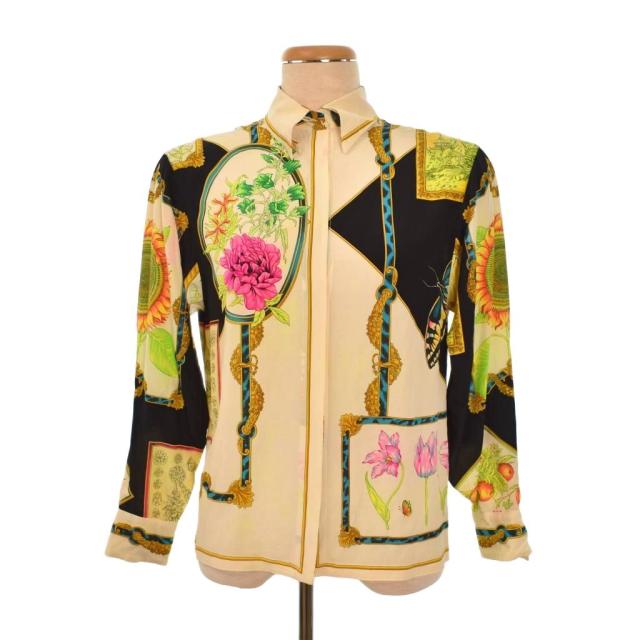 【中古】ジャンニヴェルサーチ ヴェルサーチェ GIANNI VERSACE シルク シャツ ブラウス 長袖 総柄 38 ベージュ