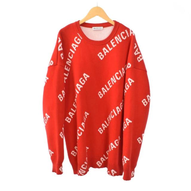 【中古】バレンシアガ BALENCIAGA オールオーバーロゴ ニット セーター 長袖 S 赤 レッド 625329 ☆AA★ メンズ
