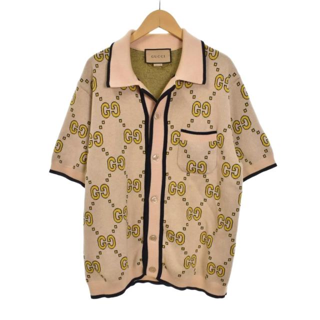 【中古】グッチ GUCCI GG コットン ニット シャツ 半袖 オープンカラー M ベージュ 740562 ☆AA★ メンズ