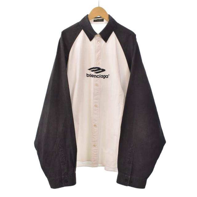 【中古】バレンシアガ BALENCIAGA 23SS オーバーサイズ シャツ 長袖 ユーズド加工 ロゴ XS 白 ホワイト 738841 メンズ