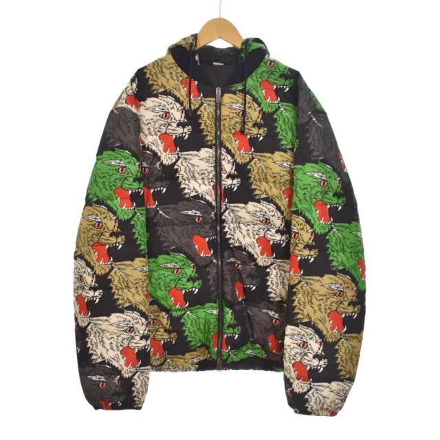 【中古】グッチ GUCCI アングリーパンサー ダウンジャケット フード 総柄 50 黒 ブラック 526428 ☆AA★