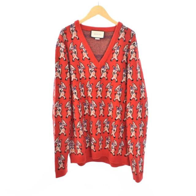 【中古】グッチ GUCCI 19SS コレクションライン ピッグデザイン Vネック ニット セーター 子豚柄 S 赤 545735