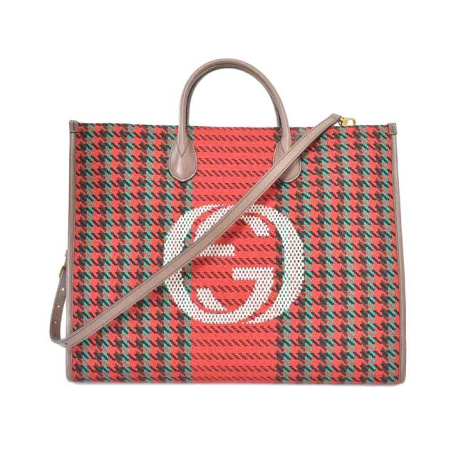 【中古】グッチ GUCCI インターロキングG ハウンドトゥース ツイード トートバッグ ショルダーバッグ レッド 644994