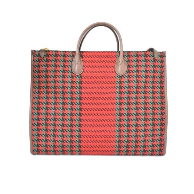【中古】グッチ GUCCI インターロキングG ハウンドトゥース ツイード トートバッグ ショルダーバッグ レッド 644994_1