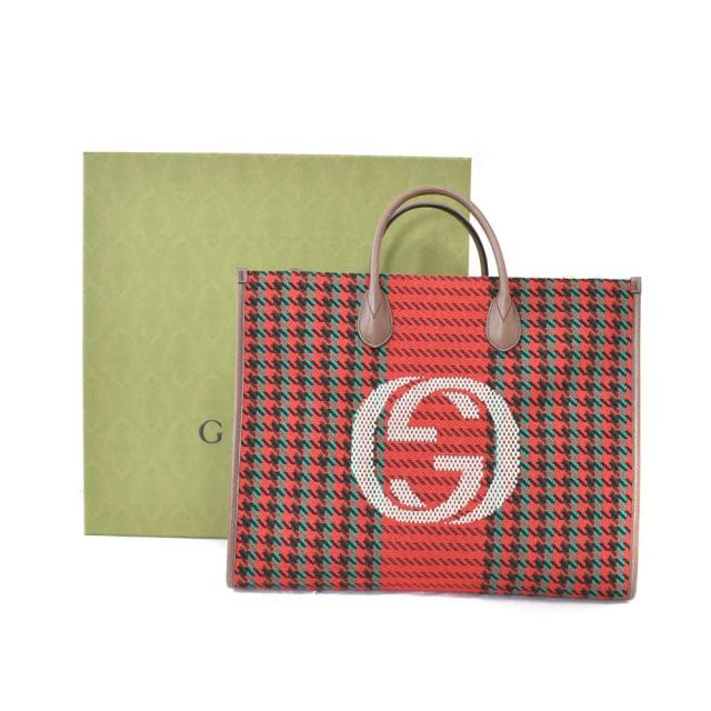 【中古】グッチ GUCCI インターロキングG ハウンドトゥース ツイード トートバッグ ショルダーバッグ レッド 644994_7