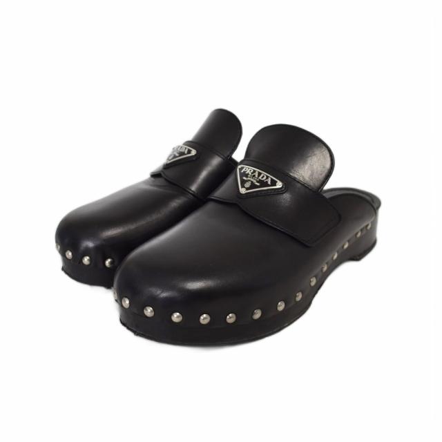 【中古】プラダ PRADA サンダル ミュール トライアングルロゴ 三角プレート スタッズ レザー 8 黒 ブラック 2Z2993