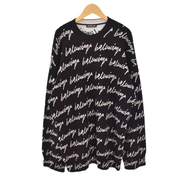 【中古】BALENCIAGA 20AW ジャガードクルーネックニット セーター ロゴ 総柄 オーバーサイズ S 黒 625984 T3184