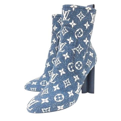 【中古】ルイヴィトン LOUIS VUITTON シルエットライン モノグラム デニム アンクル ブーツ ショート ハイヒール 39