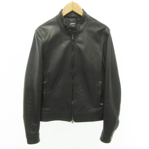 【中古】エンメティ EMMETI シングル ライダースジャケット ラムレザージャケット ショート丈 ジップアップ 42 黒