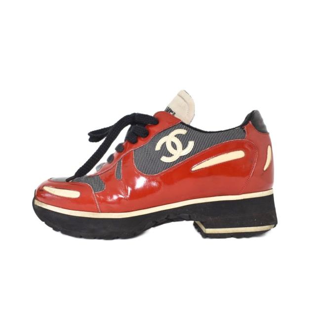 【中古】シャネル CHANEL ココマーク パテントレザー スニーカー 赤 レッド ☆AA★ レディース