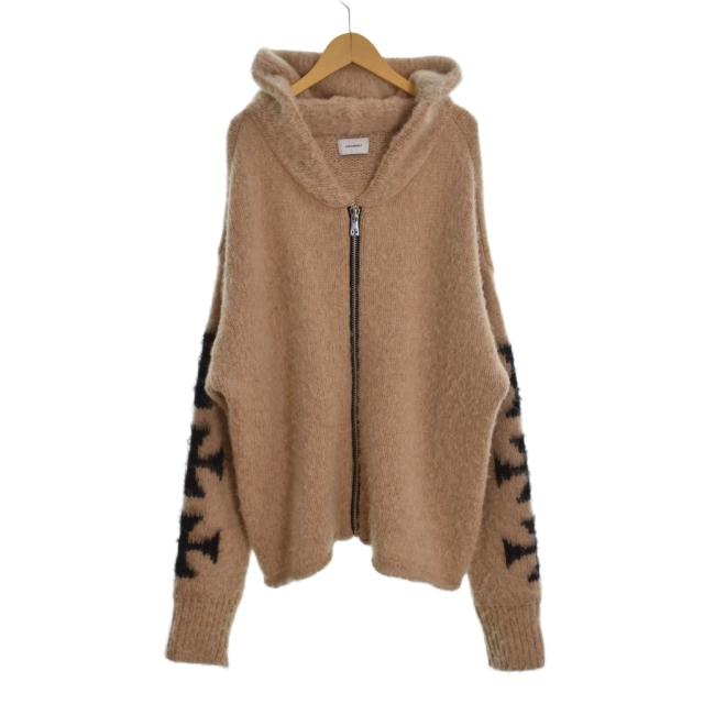 【中古】ASKYURSELF BRUSHED CROSS ZIP KNIT HOODIE  ジップパーカー セーター L アイボリー ベージュ メンズ
