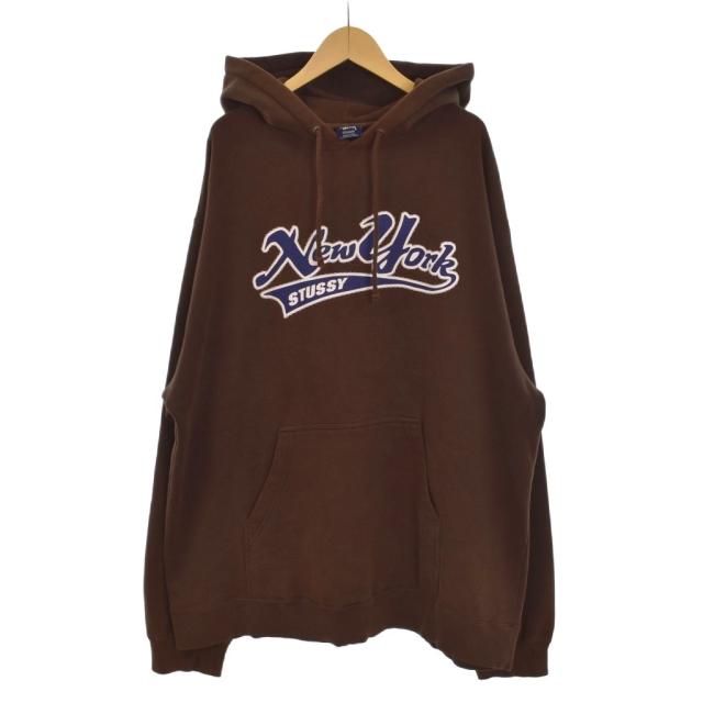【中古】ステューシー STUSSY 90s パーカー フード 長袖 ロゴプリント プルオーバー ブラウン ネイビー XL メンズ