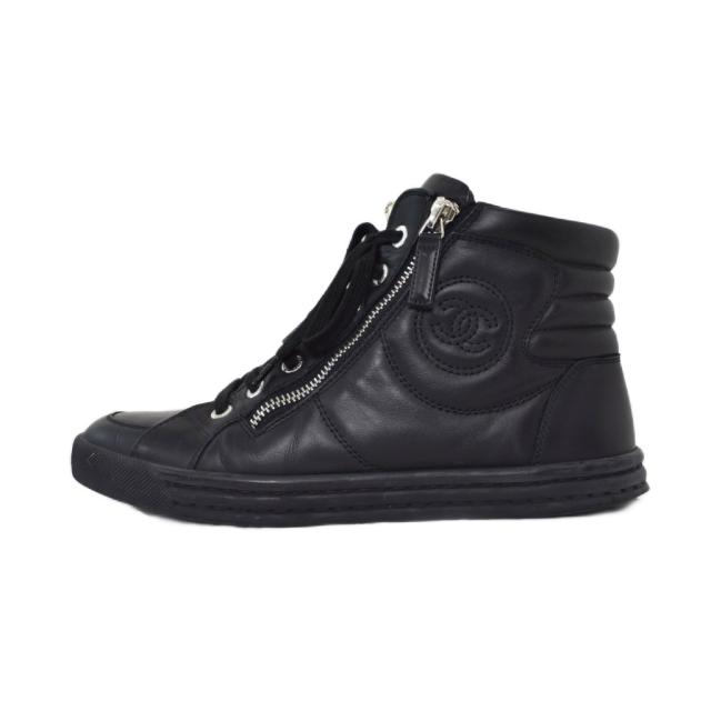 【中古】シャネル CHANEL ココマーク ステッチ サイドジップ ハイカット スニーカー 37 黒 ブラック ☆AA★