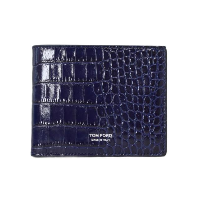 【中古】TOM FORD 二つ折り財布 ミニ財布 レザー クロコダイル型押し ロゴプリント 紺 ネイビー ☆AA★ メンズ