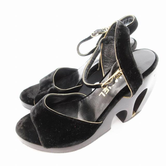 【中古】シャネル CHANEL ベロアサンダル ココマーク 変形木製ヒール ウエッジソール 23cm 黒 ブラック /UO ■GY03