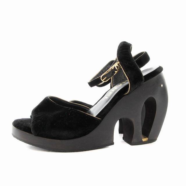 【中古】シャネル CHANEL ベロアサンダル ココマーク 変形木製ヒール ウエッジソール 23cm 黒 ブラック /UO ■GY03 中古】シャネル CHANEL ベロアサンダル ココマーク 変形木製ヒール