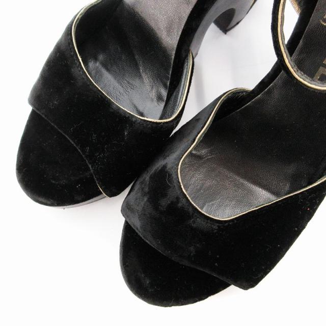 【中古】シャネル CHANEL ベロアサンダル ココマーク 変形木製ヒール ウエッジソール 23cm 黒 ブラック /UO ■GY03 中古】シャネル CHANEL ベロアサンダル ココマーク 変形木製ヒール