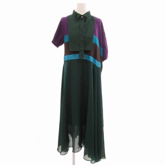 【中古】サカイ sacai 美品 ドッキングワンピース アシンメトリー バンドカラー ペチコート付き 2 M 緑 グリーンの通販は