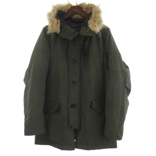 【中古】ナノユニバース 西川ダウン アークティックダウン ダウンジャケット ラクーンファー ミリタリー S カーキ