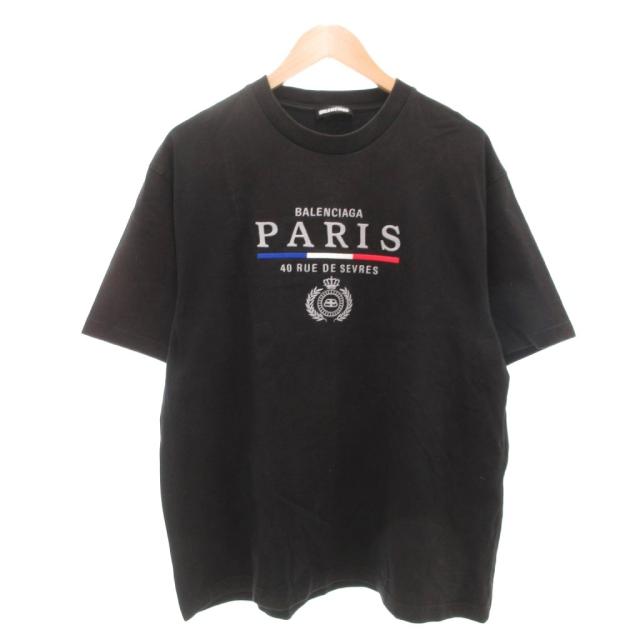【中古】バレンシアガ BALENCIAGA Tシャツ クルーネック ロゴ刺繍 半袖 L 黒 ブラック /AE メンズ