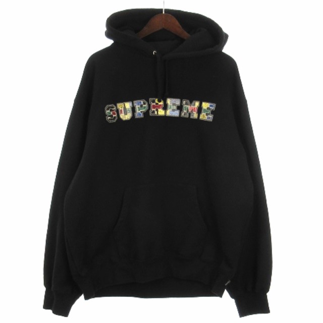 【中古】シュプリーム SUPREME 23FW カレッジ パッチワーク スウェット パーカー 裏起毛 ブラック L メンズ