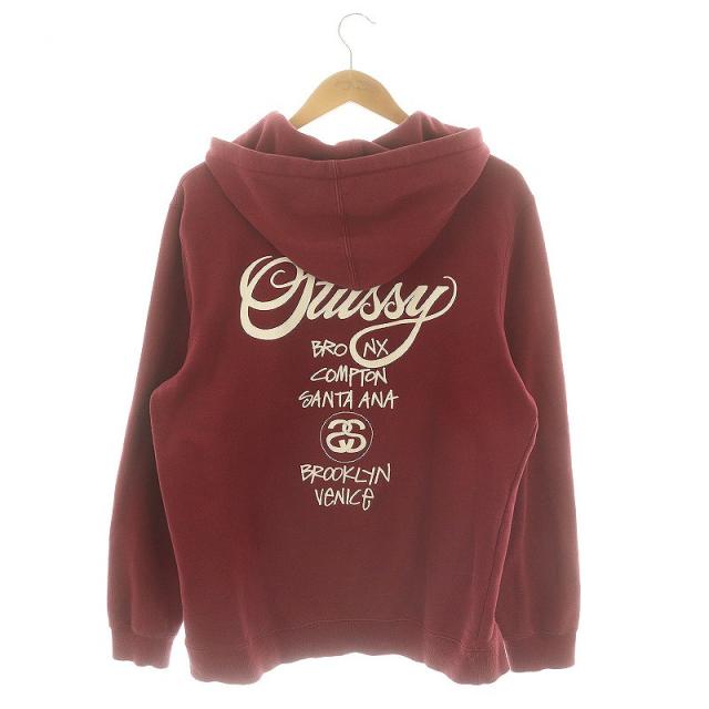 【中古】ステューシー STUSSY クルーネックパーカー ワールドツアー プルオーバー 裏起毛 長袖 M 赤 /HK ■OS ■SH