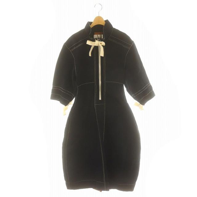 【中古】ジルサンダー JIL SANDER 配色ステッチ ワンピース ウール ジップアップ リボン ロング 32 XXS 濃紺 /AQ ■OS